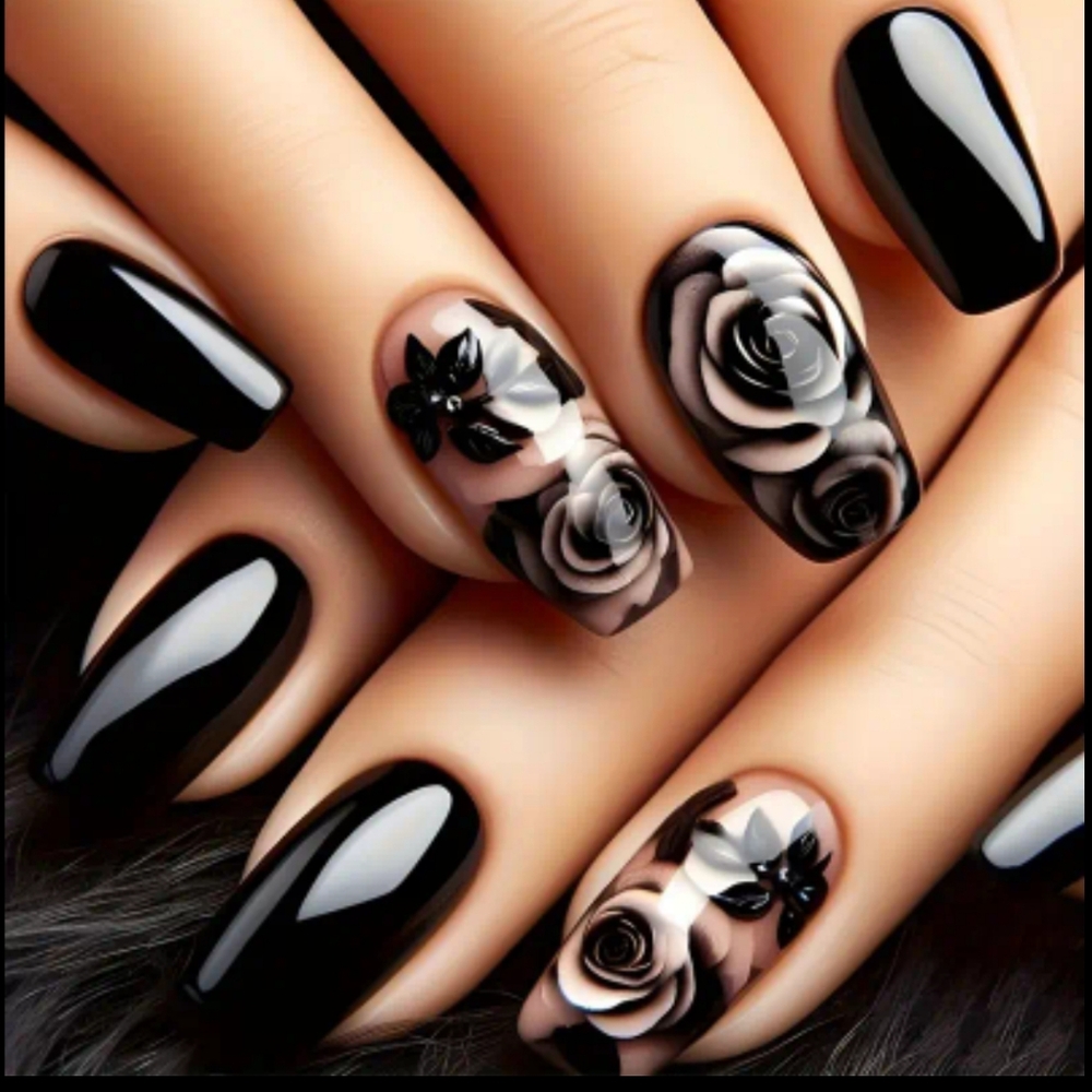 DO IT YOURSELF Sophisticated Black Floral 3D Press-On Nails
